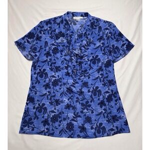 Pendleton Blue Floral Ruffled V-Neck 100% Silk‎ Lightweight Womens Size 12